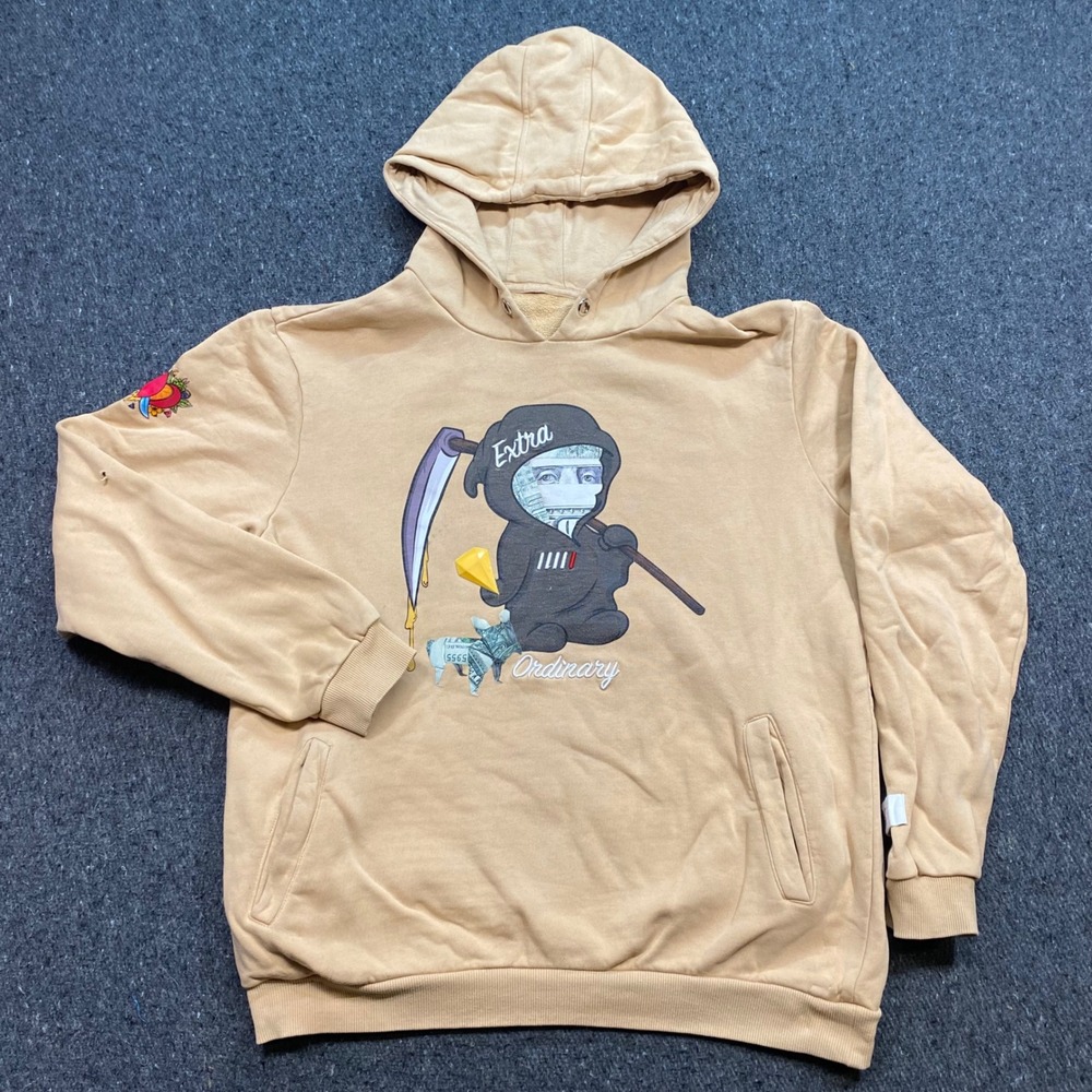 Fifth Loop Extra Ordinary Grim Reaper Hoodie Sz L Mens Tan Streetwear Graphic
